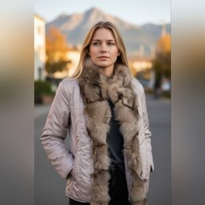 ON & ON Real Fox Fur Trim Sheen Pale Pink Winter Jacket. Size S/M